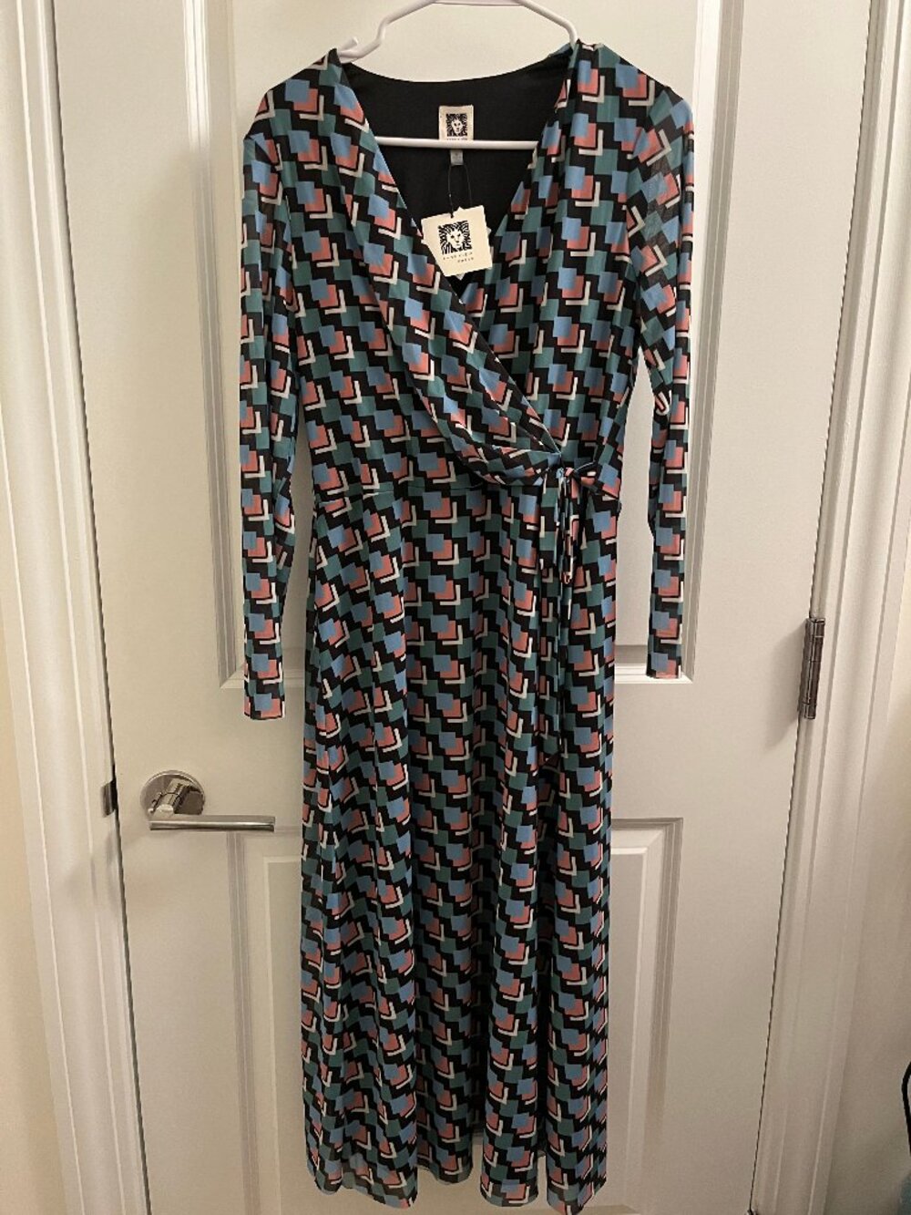 Anne Klein Geo Print Faux Wrap Blue, Coral/Pink Black Midi Dress Size Medium NWT